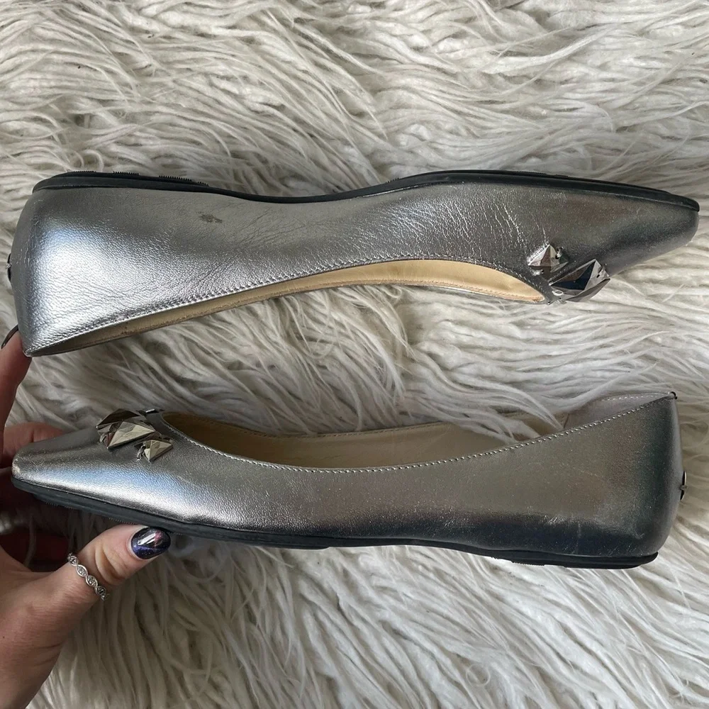 Jimmy Choo Watson Silver Metallic Calf Leather Studded Accents Ballet Flats 37